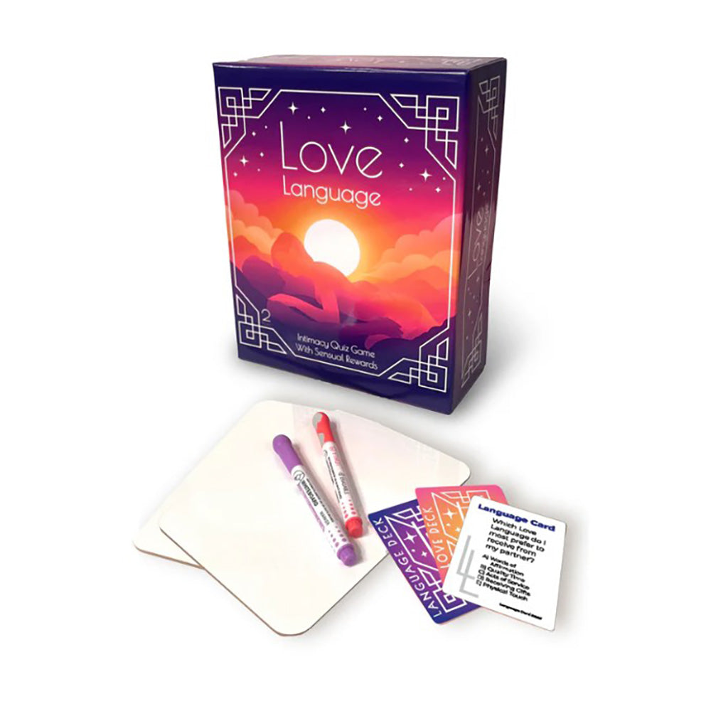 Love Language couples intimacy card game with whiteboard and markers.