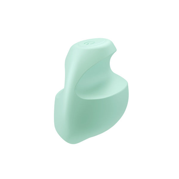 A mint green silicone vibrator with a curved handle and a sculpted tip.