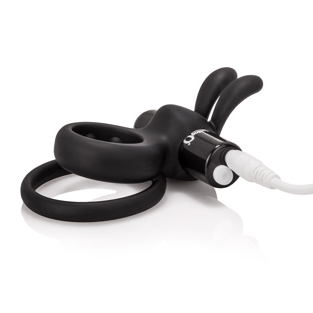Black rechargeable mini bullet vibrator with bunny ears and a white charging cable.