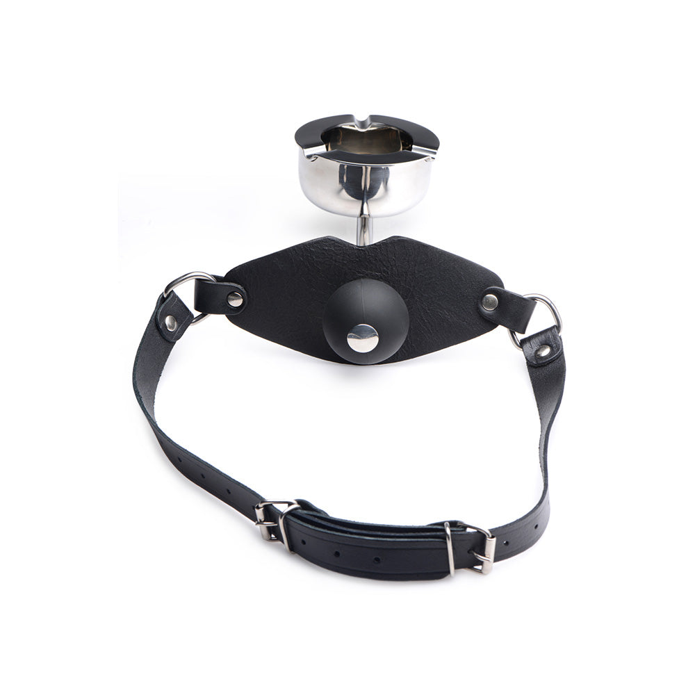 Black leather ball gag with a removable stainless steel ashtray.