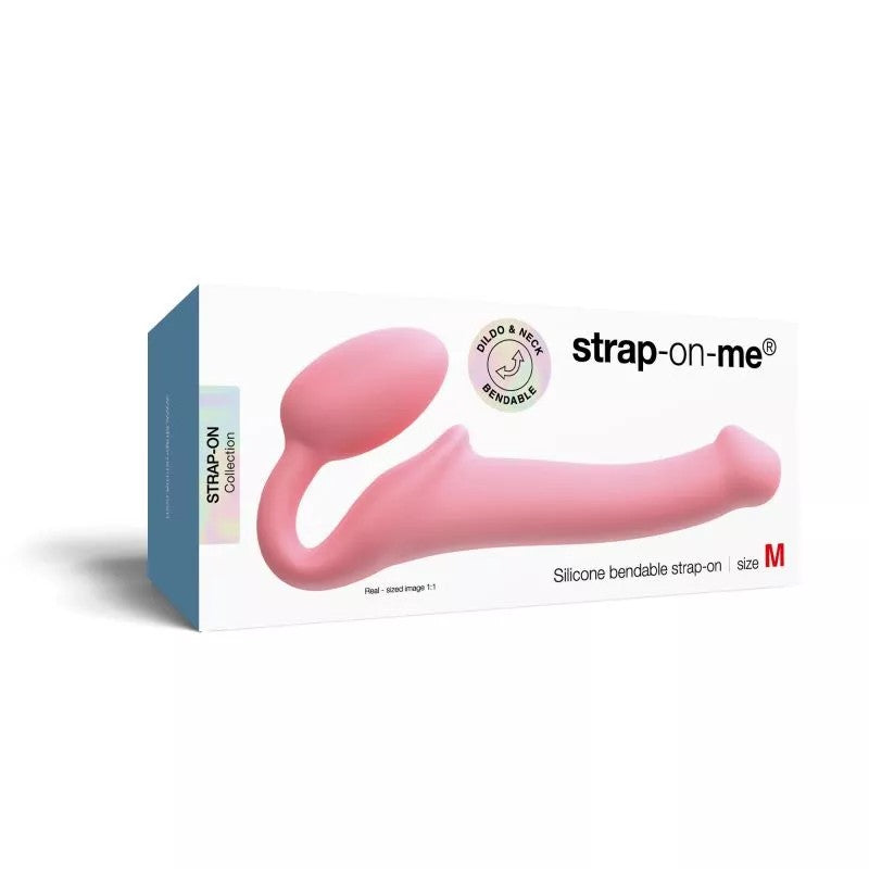 Pink silicone bendable strap-on dildo with a curved neck.