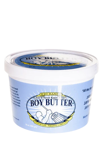 A tub of Boy Butter H2O based personal lubricant with shea butter.