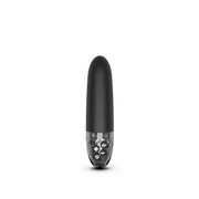 Black silicone E-stim vibrator with control buttons and a logo.