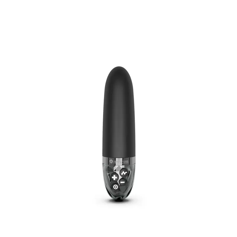 Black silicone E-stim vibrator with control buttons and a logo.