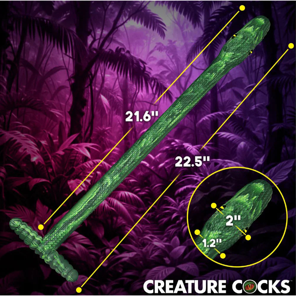 Green silicone anal snake dildo, 22.5 inches long, with textured body and T-shaped handle.