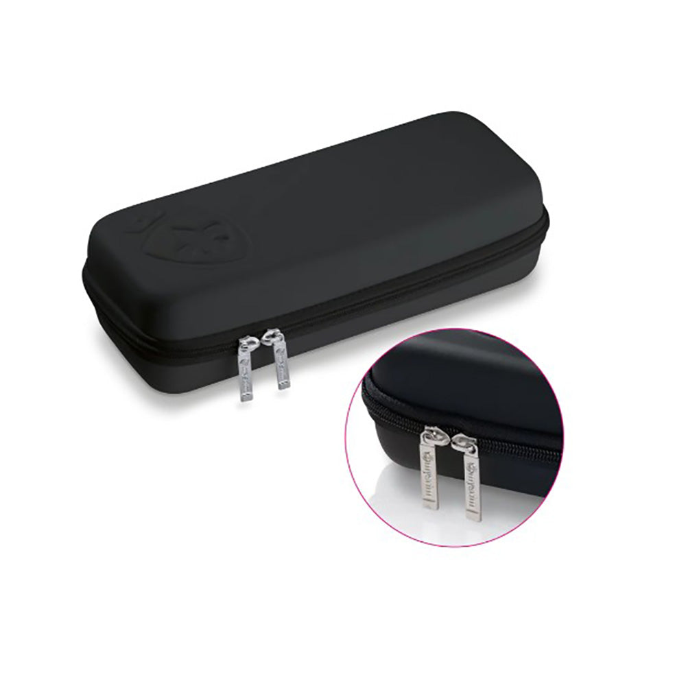 Black hard case with dual zippers and embossed logo.