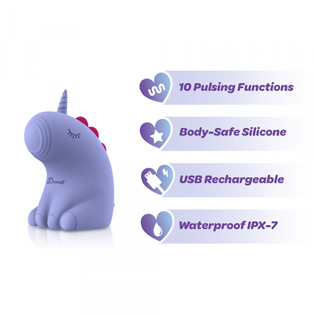 A purple unicorn vibrator with text describing its features.