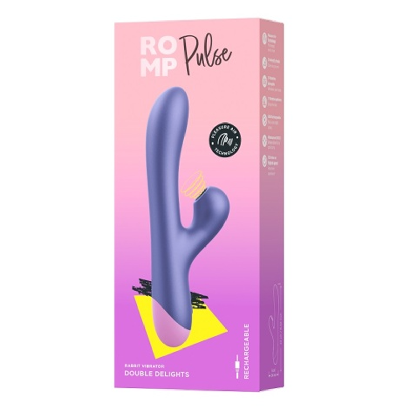 A purple rabbit vibrator with a pink tip on a pink and purple gradient box.