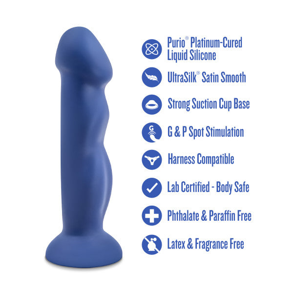 Blue dual-density silicone G-spot dildo with curves, suction base, and feature icons.
