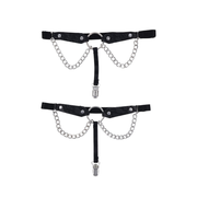 Black lace garters with faux leather, metal rings, chains, and clips.