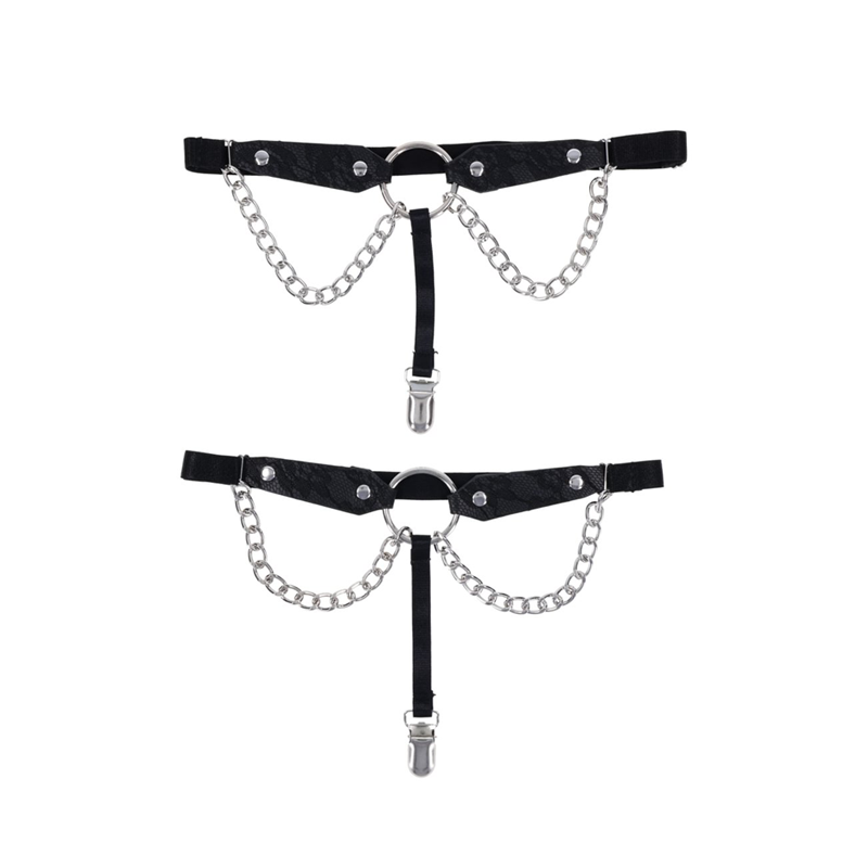 Black lace garters with faux leather, metal rings, chains, and clips.
