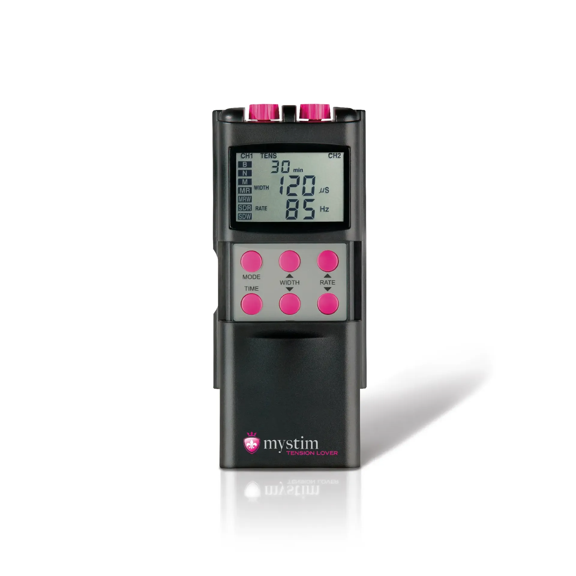 Digital E-Stim Powerbox Stimulation Device with dual channels and customizable settings.