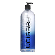A clear bottle of Passion natural water-based lubricant with a black pump dispenser.