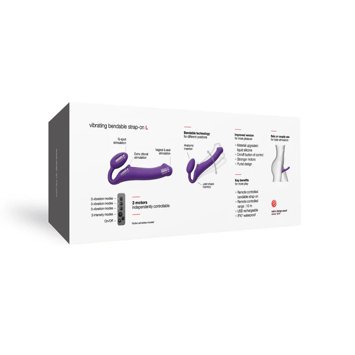 Purple vibrating bendable strap-on with remote control.