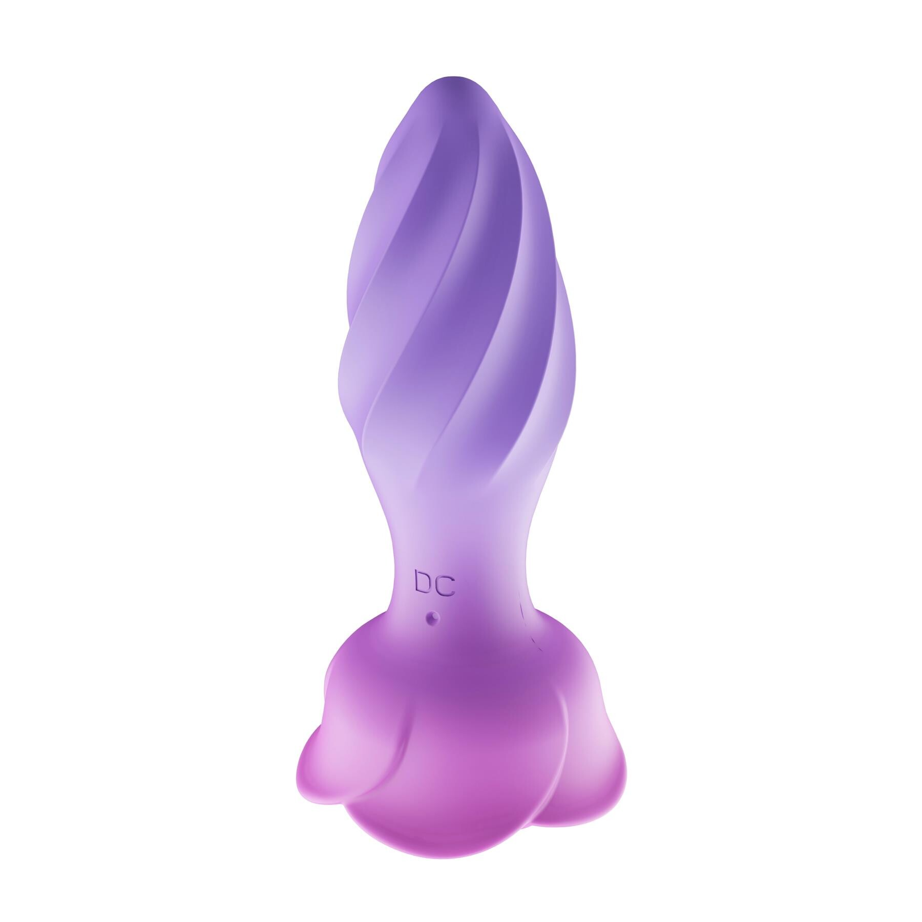 A purple silicone anal plug with a twisted top and a rose-shaped base.