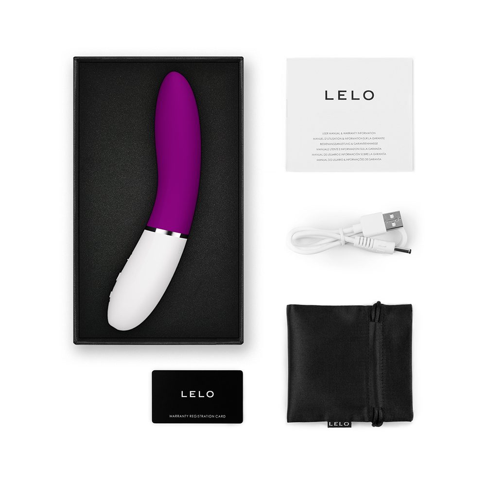 A deep rose and white Lelo vibrator with a charging cable, manual, and storage pouch.