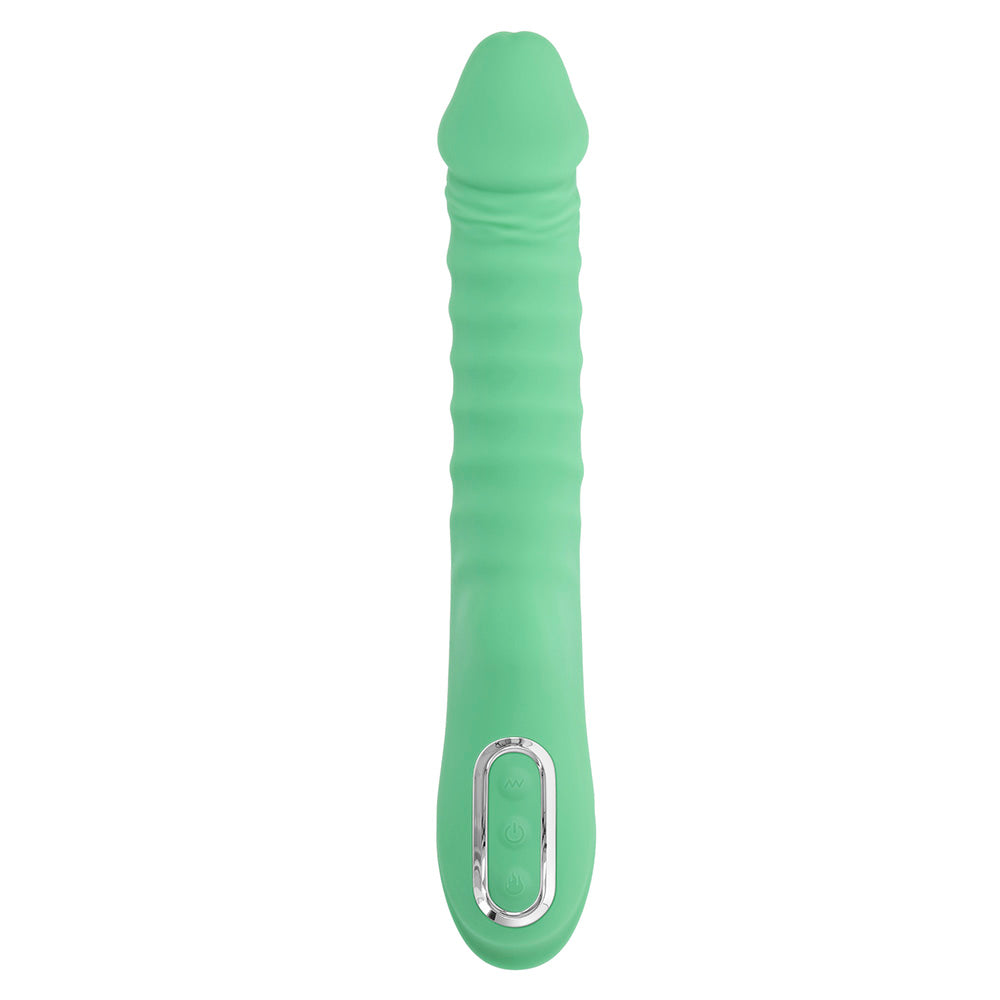 A green ribbed vibrator with a rounded tip and silver control buttons.