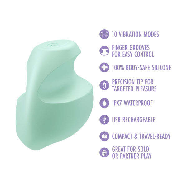 A mint green silicone vibrator with text listing its features.