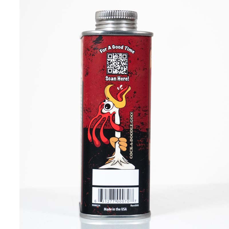 A 9 oz metal can of water-based lubricant with a rooster graphic.