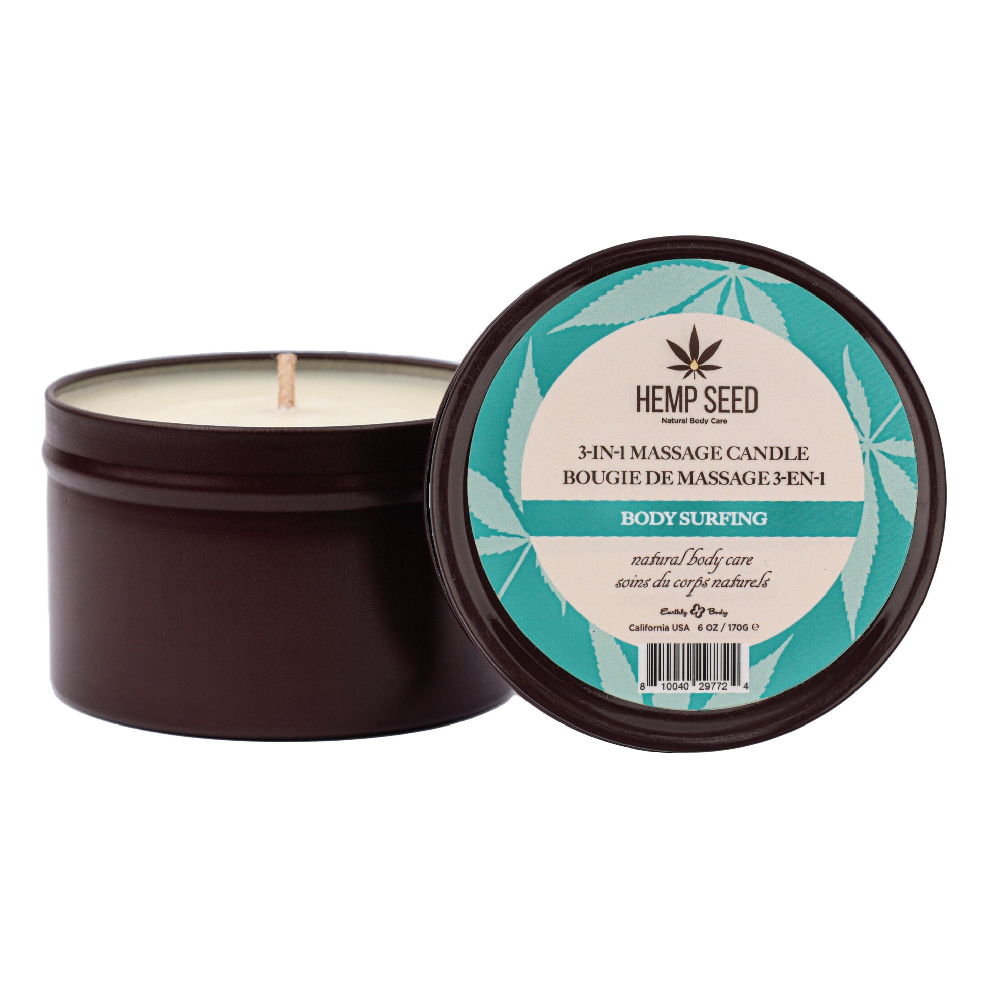 Hemp Seed 3-in-1 Massage Candle in a dark brown tin with a teal label.