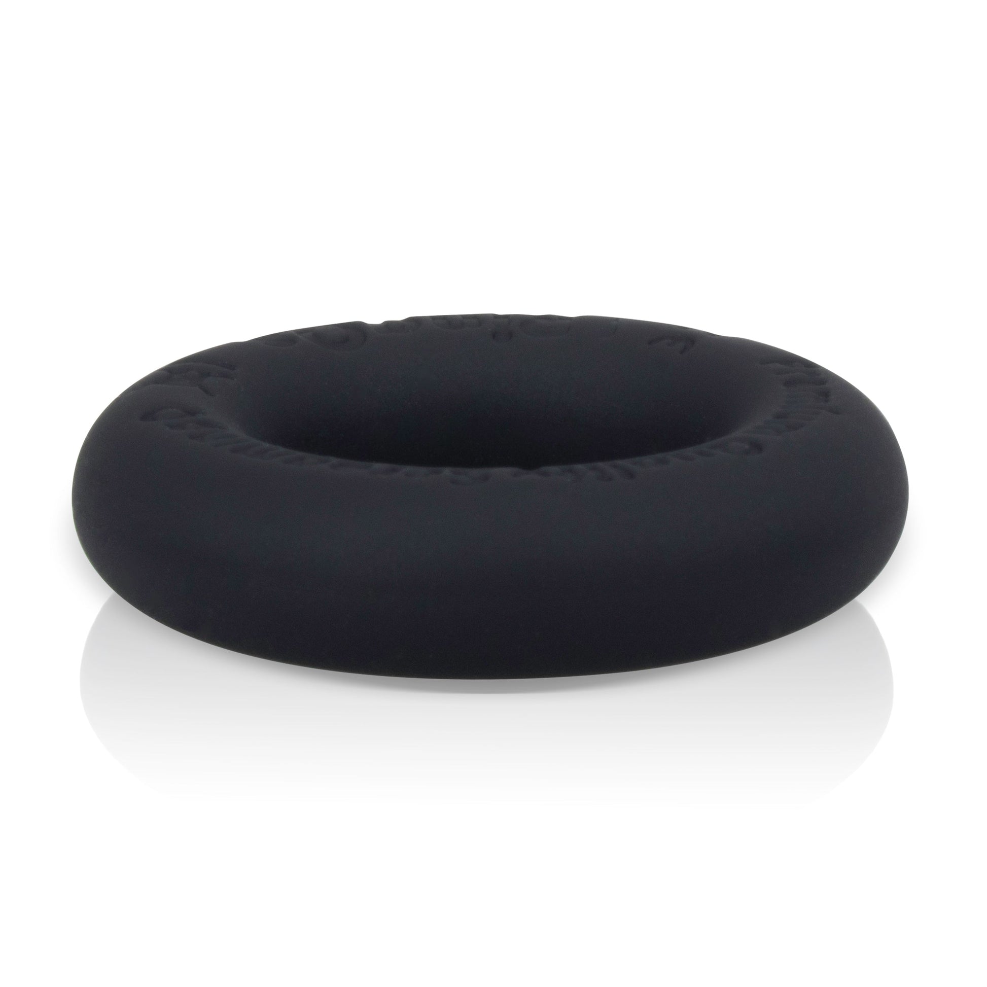 Black liquid silicone stretchy cock ring with embossed text.
