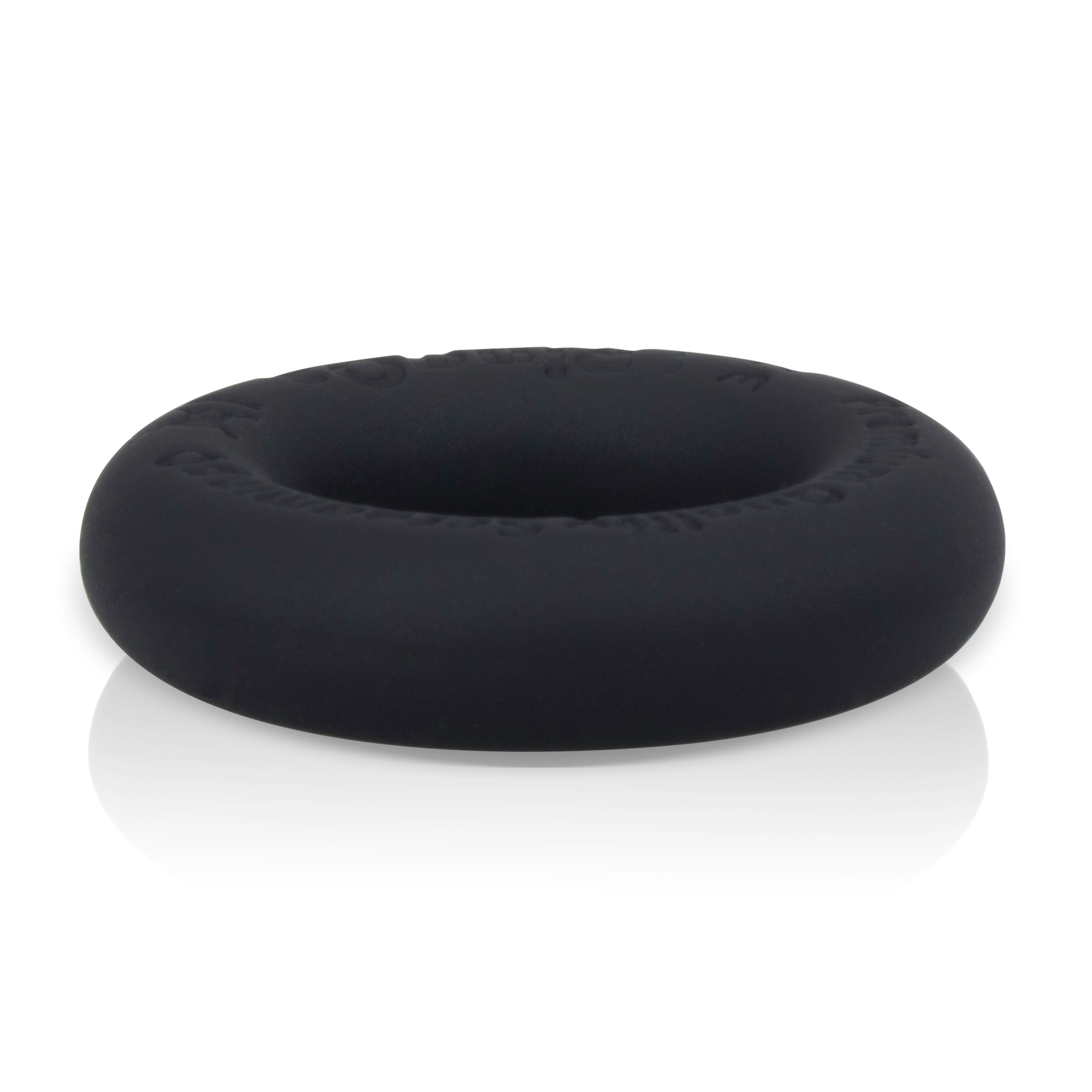 Black liquid silicone stretchy cock ring with embossed text.