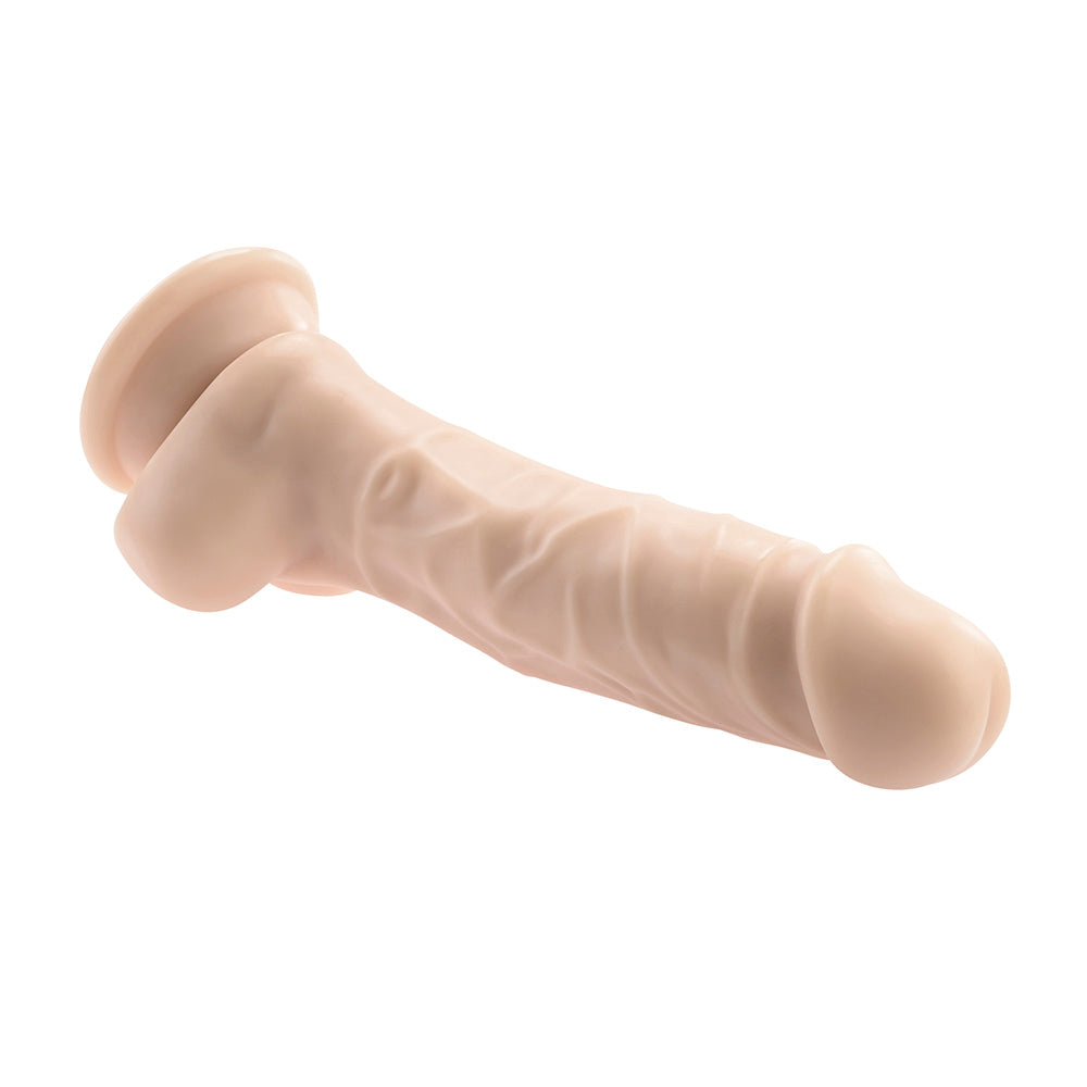 Realistic suction cup dildo made of waterproof PVC with veined shaft and balls.