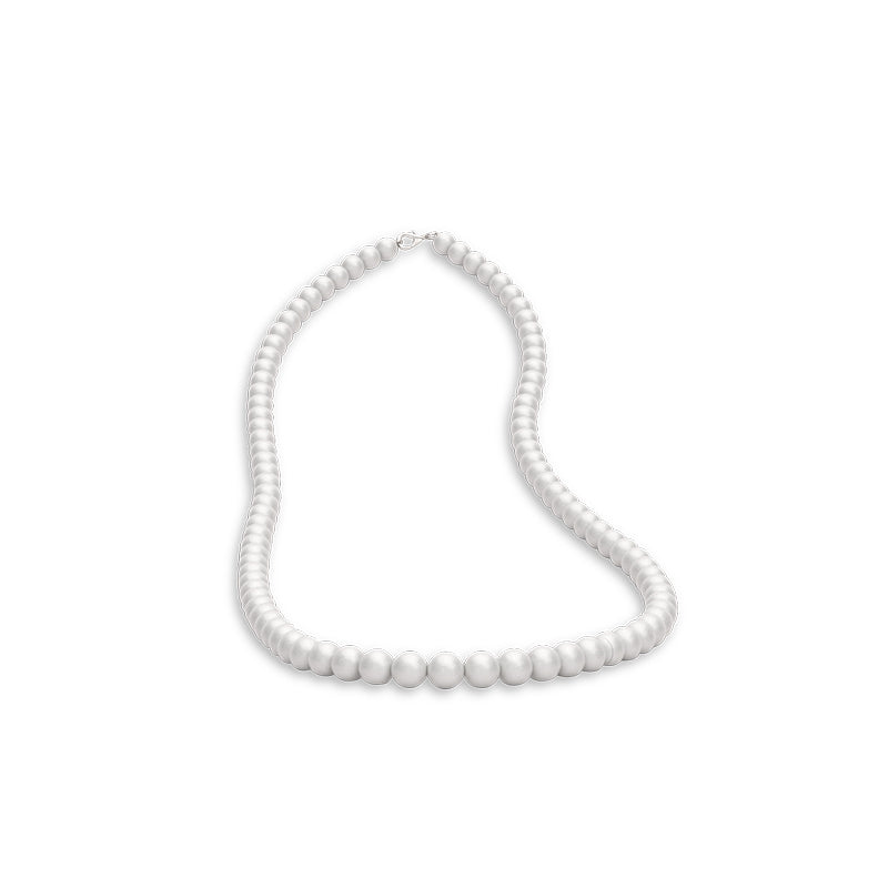 A white pearl necklace with a silver clasp.