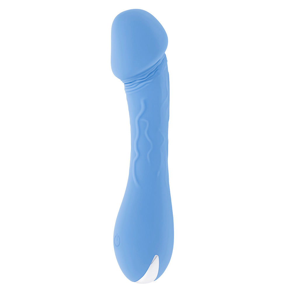 A blue silicone vibrator with a curved head and wavy texture.