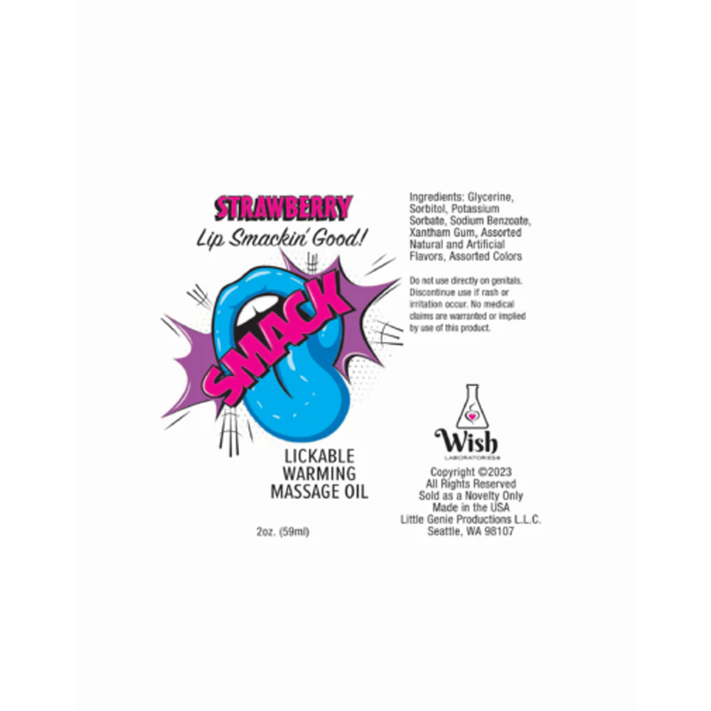 Strawberry lickable warming massage oil with a cartoon mouth graphic.