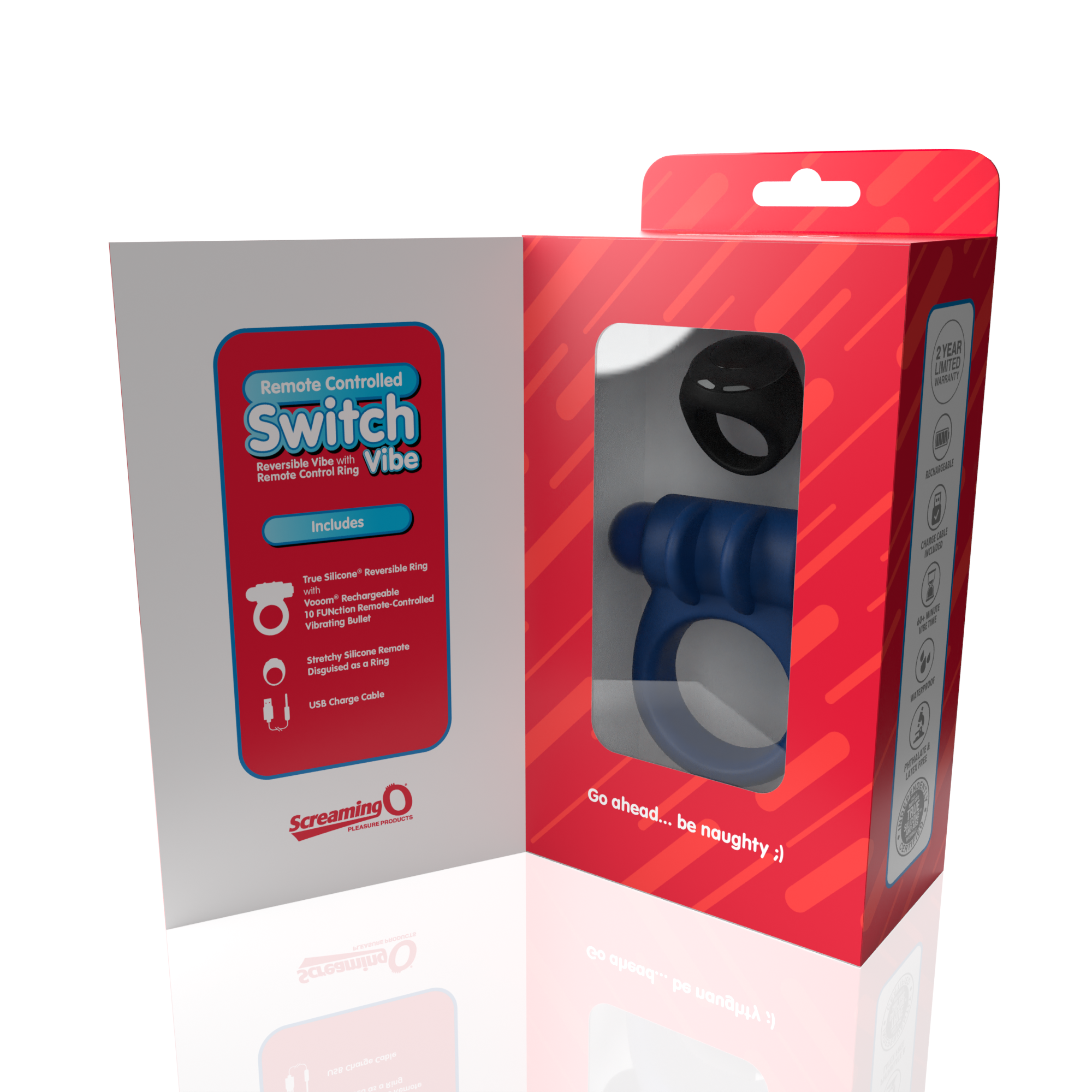Remote controlled vibrating cock ring with USB charging cable.