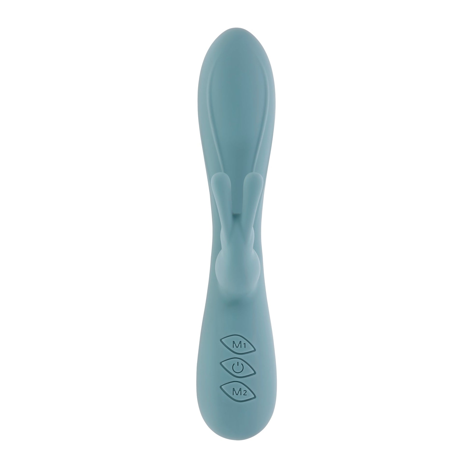 A teal silicone rabbit vibrator with buttons labeled M1, power, and M2.