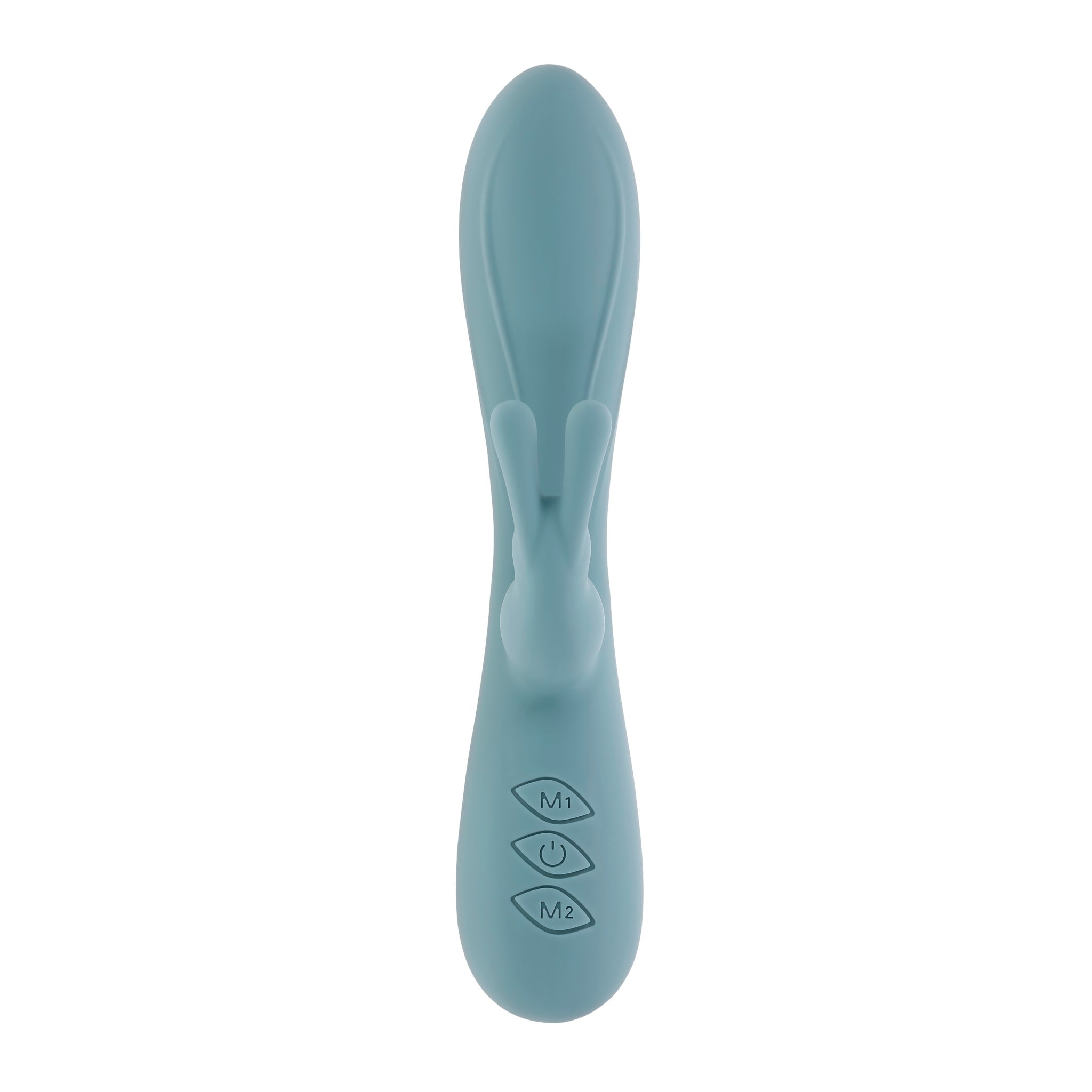 A teal silicone rabbit vibrator with buttons labeled M1, power, and M2.