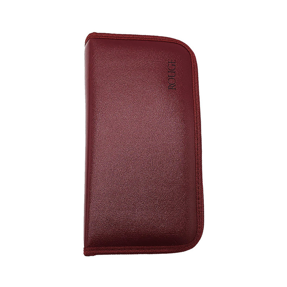 Burgundy case with "ROUGE" embossed on it.