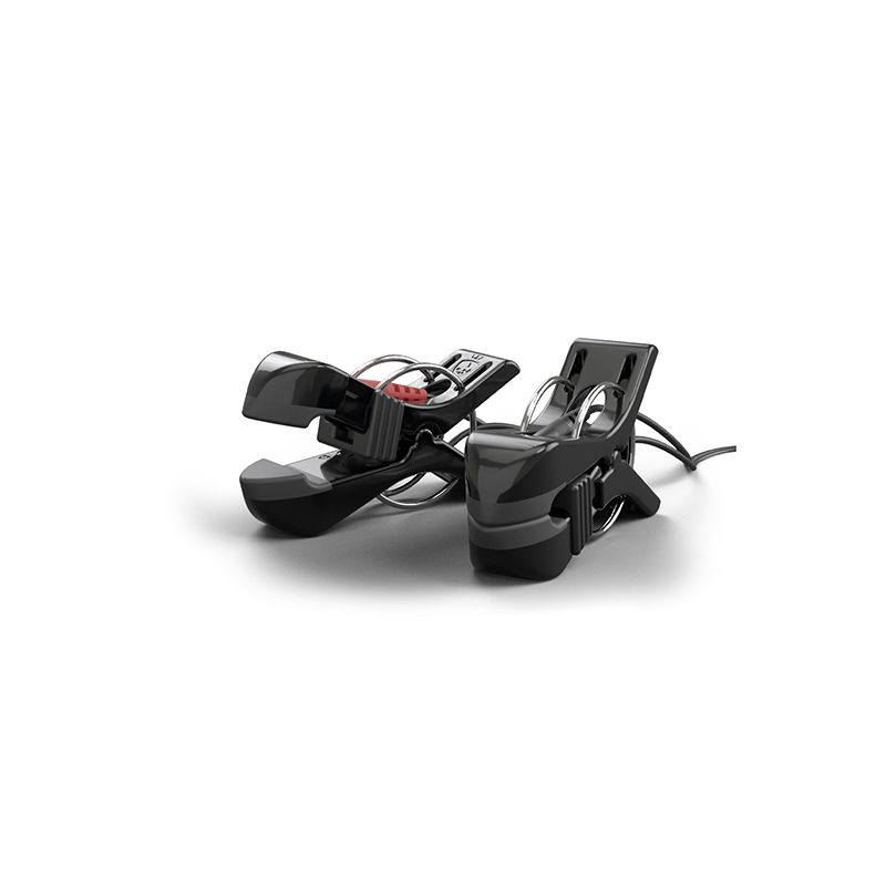 Black bipolar e-stim nipple clamps with adjustable intensity.