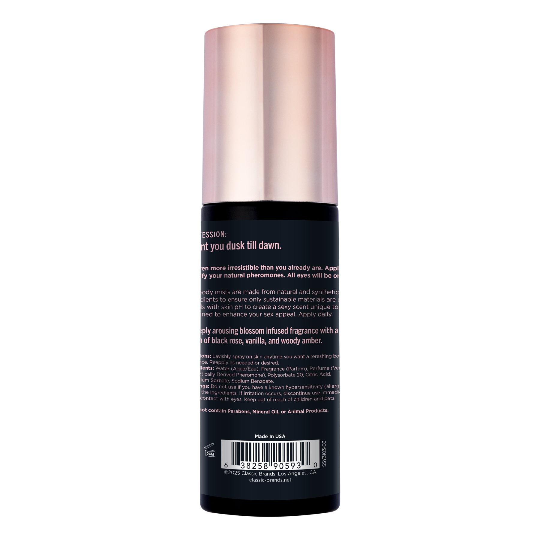 A bottle of Pheromone Body Mist with a rose gold cap and black label.
