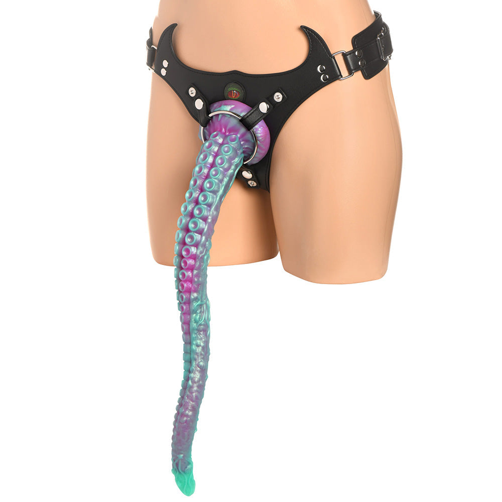 Tentacle silicone dildo with adjustable harness.
