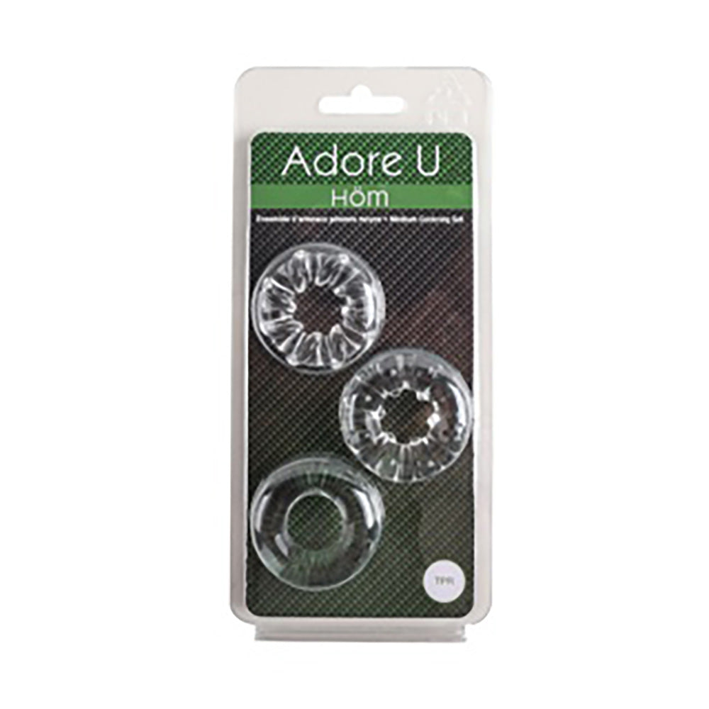 Adore U Höm medium clear cock ring set with three textures.