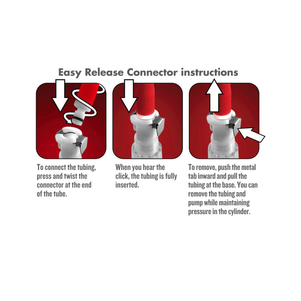 Instructions for connecting and disconnecting a red tube from a white connector.