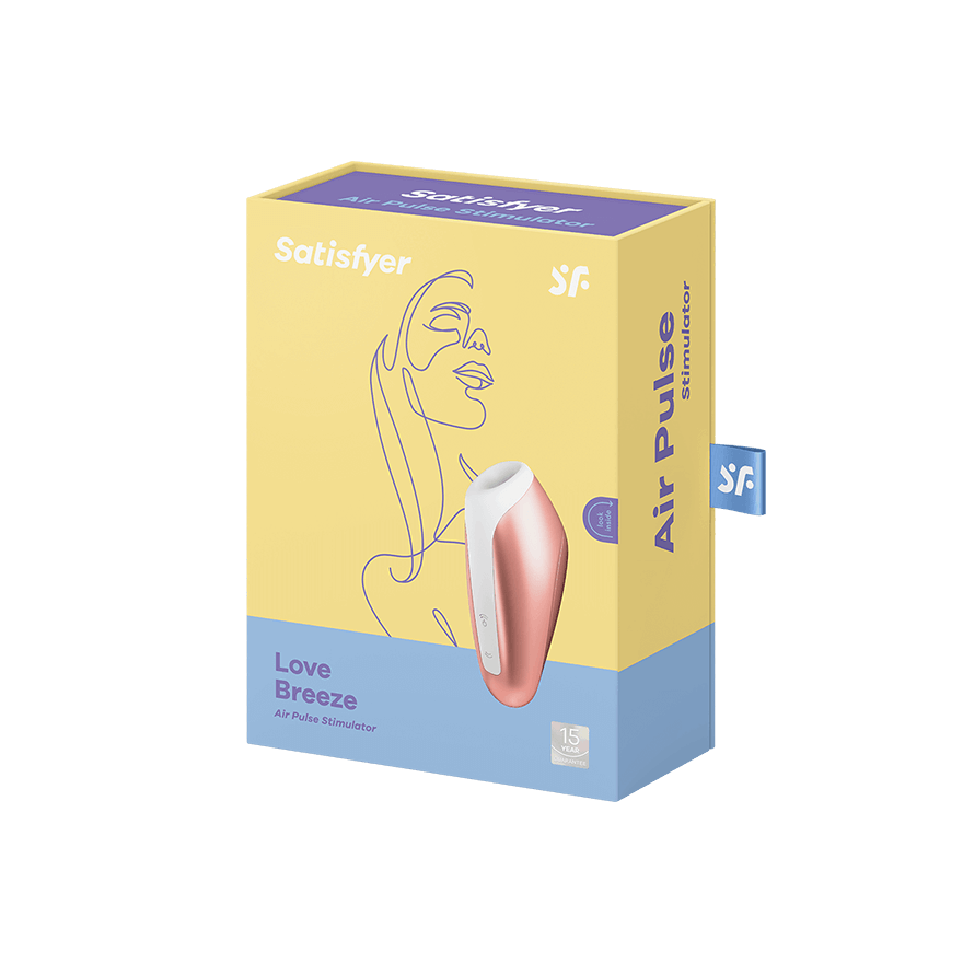 Satisfyer Love Breeze clitoral stimulator in rose gold on its packaging.