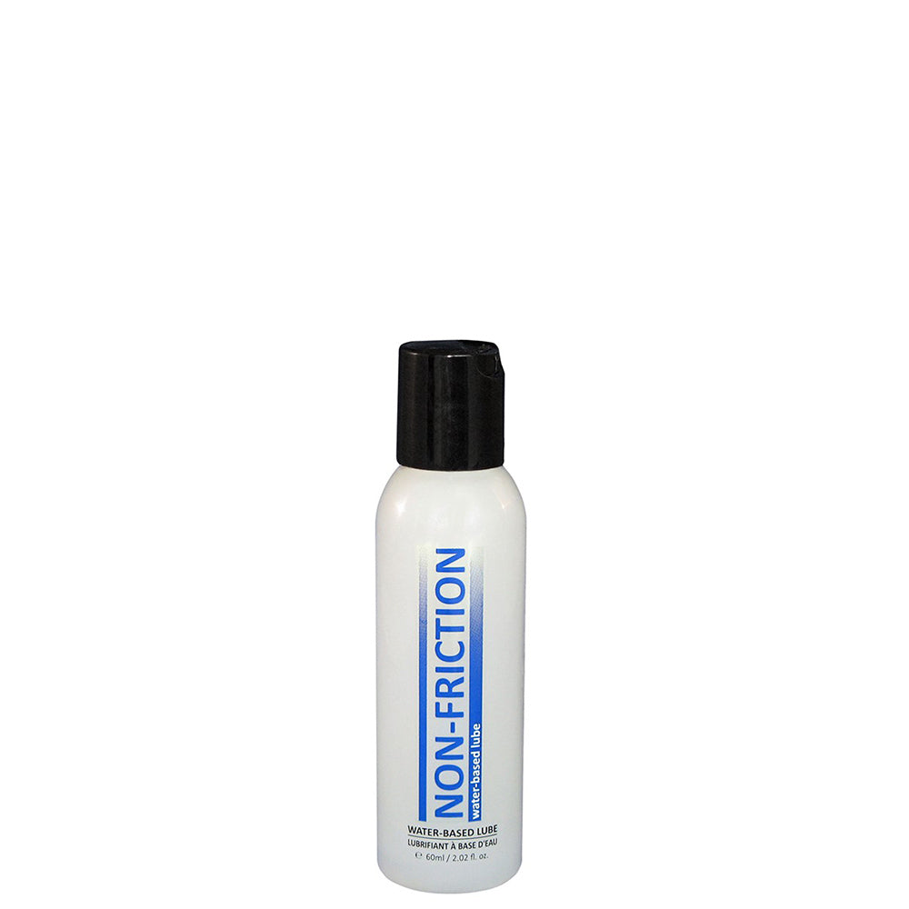 White bottle of Non-Friction water-based lube with a black cap.