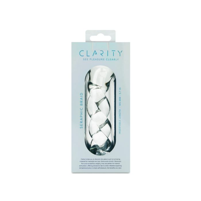 A clear glass dildo with a braided spiral design in its packaging.