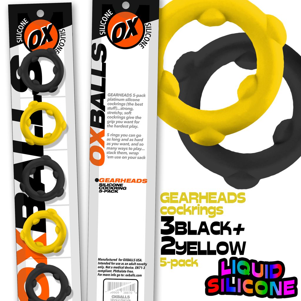 Five silicone cock rings, three black and two yellow, are shown.