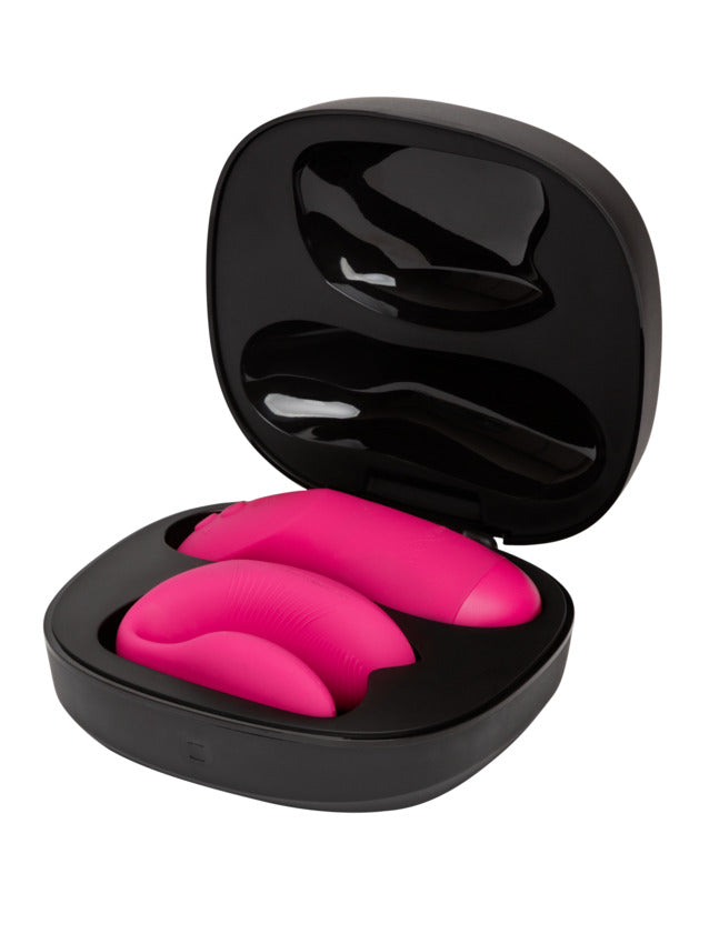 Pink Chorus Pro couples vibrator with haptic remote in a black charging case.