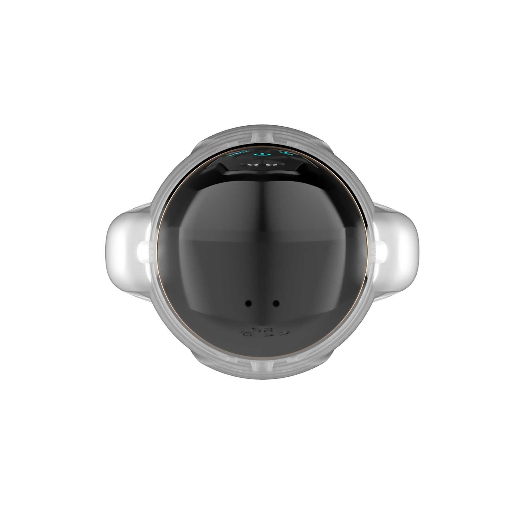 Top view of a clear and black vibrating sleeve with blue indicator lights.