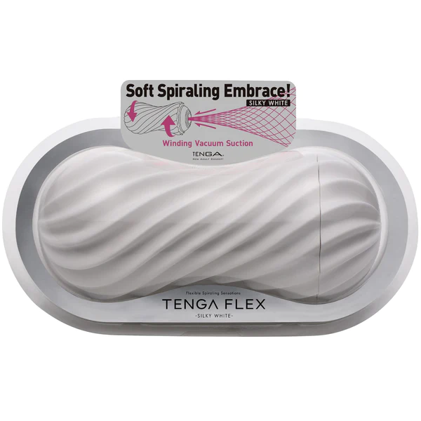 Tenga Flex Silky White reusable masturbation sleeve with spiraling texture.