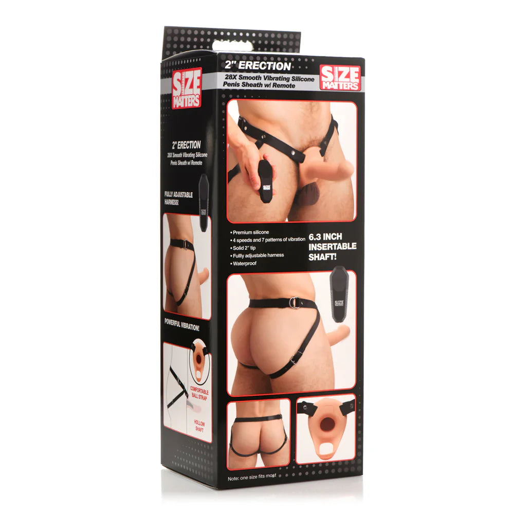 Remote controlled vibrating silicone penis sheath with adjustable harness on black box.