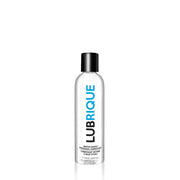 A clear bottle of Lubrique water-based personal lubricant with a black cap.