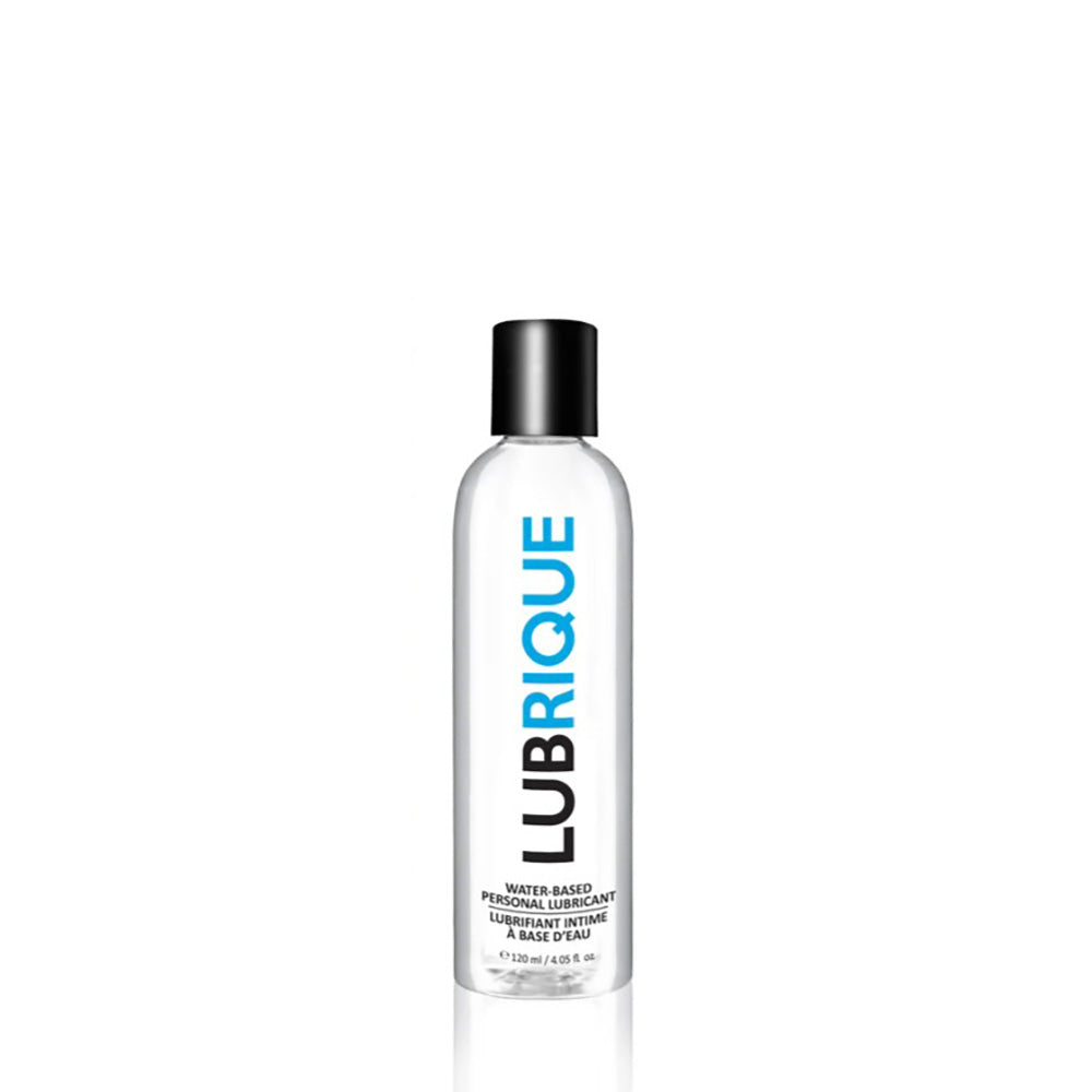 A clear bottle of Lubrique water-based personal lubricant with a black cap.