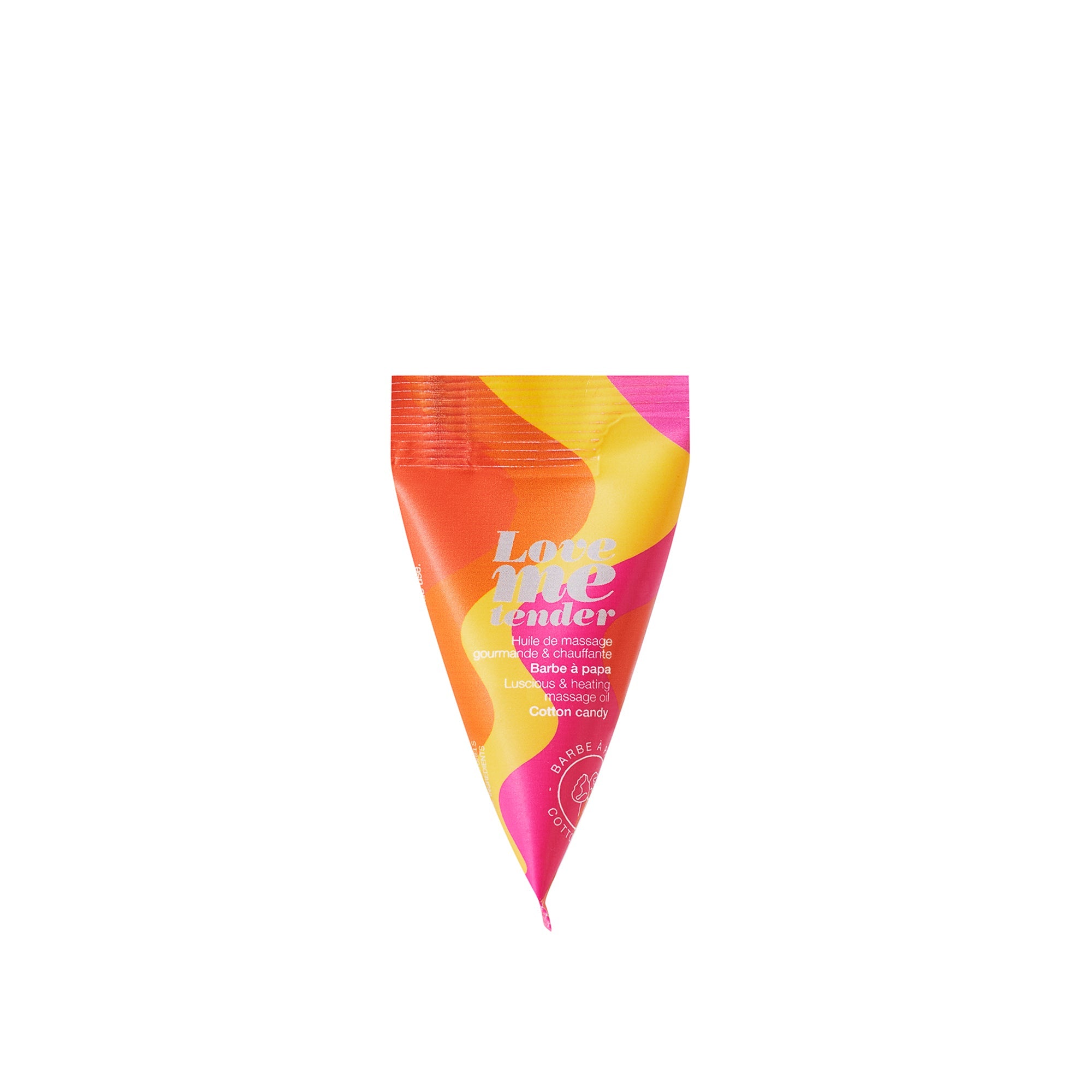 Love Me Tender Cotton Candy warming massage oil in a colorful cone-shaped package.